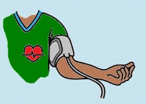 A cartoon of a person wearing a blood pressure cuff