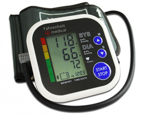 Automatic blood pressure meter with blood pressure reading of 118/66 mmHg and heart rate reading of 72 beats per minute. 