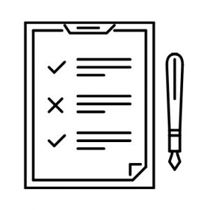 A cartoon pen and clipboard with check marks and x marks