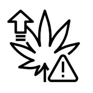 A cartoon cannabis leaf with an up arrow on the top left and a warning sign on the bottom right.