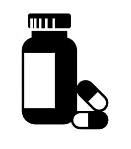 A cartoon bottle and capsules beside it
