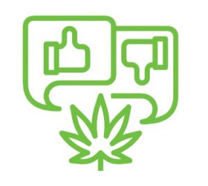 A cartoon cannabis leaf with a thumbs up and thumbs down above.