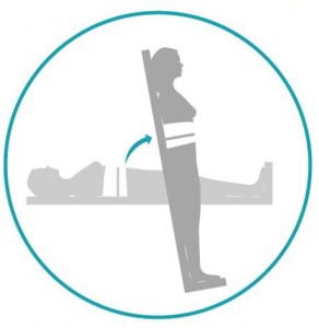Illustration showing a person lying on a tilt table and secured with a band around the waist. There is an arrow showing that the tilt table is moving to an upright position.
