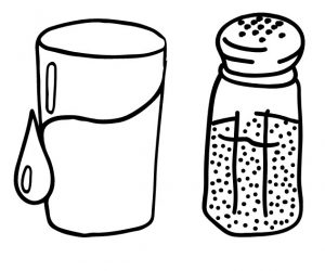A cartoon glass of water on the left and a cartoon pepper shaker on the right.