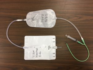 Example of an indwelling catheter. Uncoupling the line above the ‘leg bag’ is not recommended. An optional ‘night drainage bag’ that attaches to the ‘leg bag’ may be attached and detached as needed.